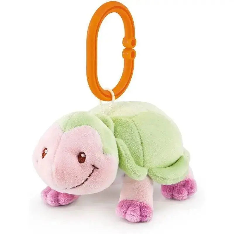 Trillino tartaruga squeacker trudi un peluche morbido rosa e verde chiaro con clip arancione e faccina sorridente