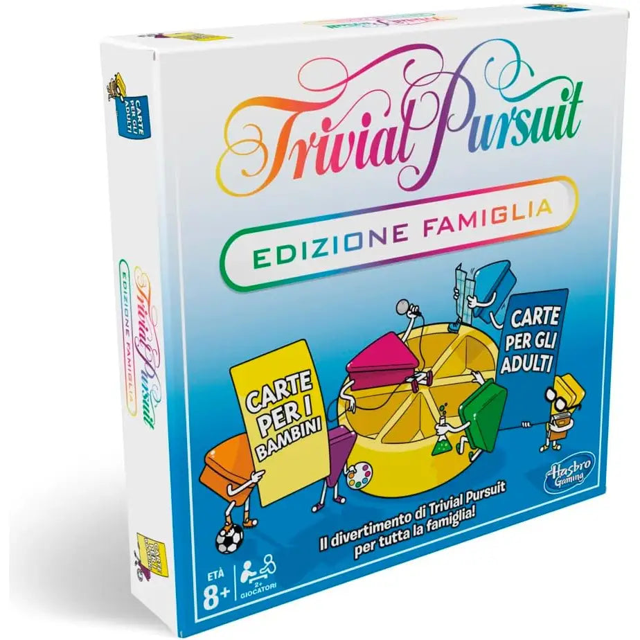 Scatola del gioco da tavolo trivial pursuit edizione famiglia con logo arcobaleno e personaggi cartoon che tengono carte