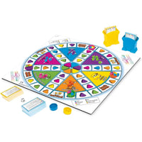 Trivial pursuit edizione famiglia gioco da tavolo colorato con personaggi, sezioni vivaci, spinner giallo e porta carte blu
