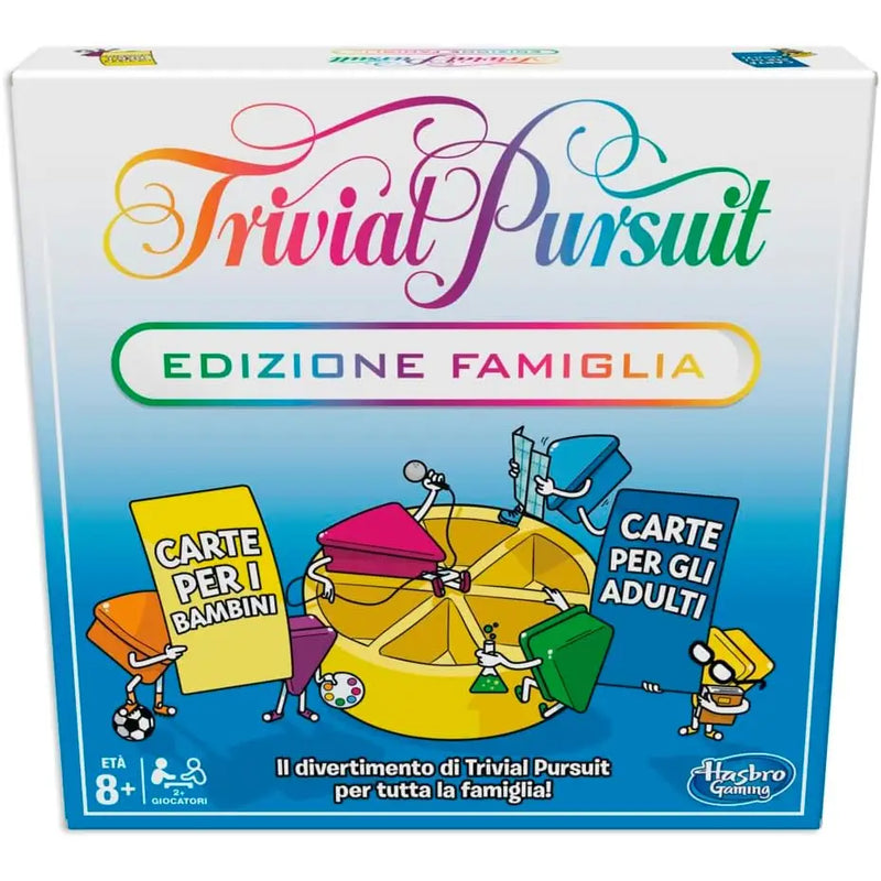 Trivial pursuit edizione famiglia scatola colorata a sfumature arcobaleno con personaggi cartoon e ruota centrale