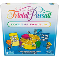 Trivial pursuit edizione famiglia scatola colorata a sfumature arcobaleno con personaggi cartoon e ruota centrale