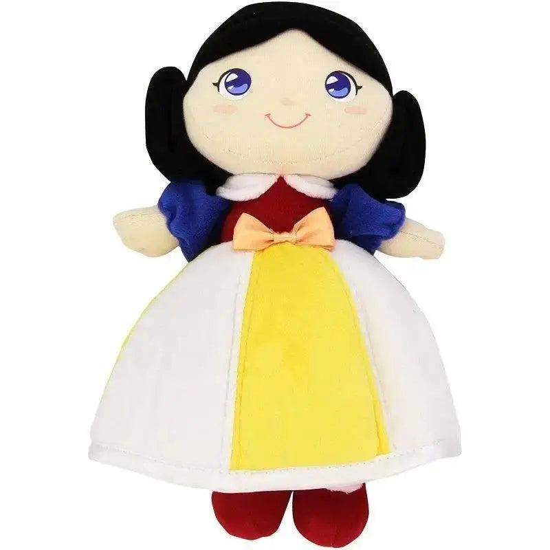Plush trudi bambola biancaneve with black hair blue eyes smiling face dressed in white yellow gown with red bodice and blue sleeves
