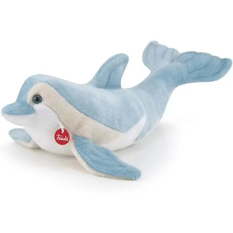 Peluche delfino trudi delfino dino morbido azzurro chiaro e bianco con etichetta rossa marca taudi