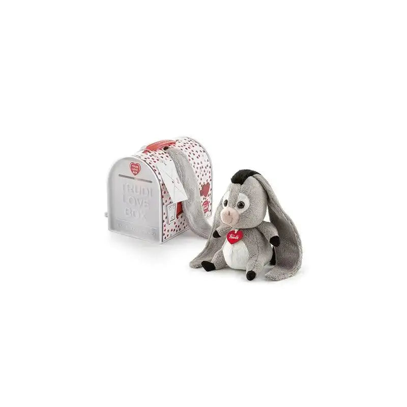 Gray plush donkey with black ears and feet sitting beside a white mailbox with red hearts in trudi love box orecchiotti