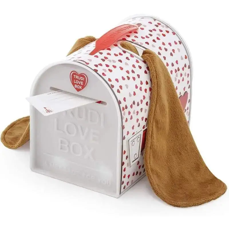 Plush love box orecchiotti basset hound con orecchie marroni, corpo bianco e cuori rossi rosa trudi love box
