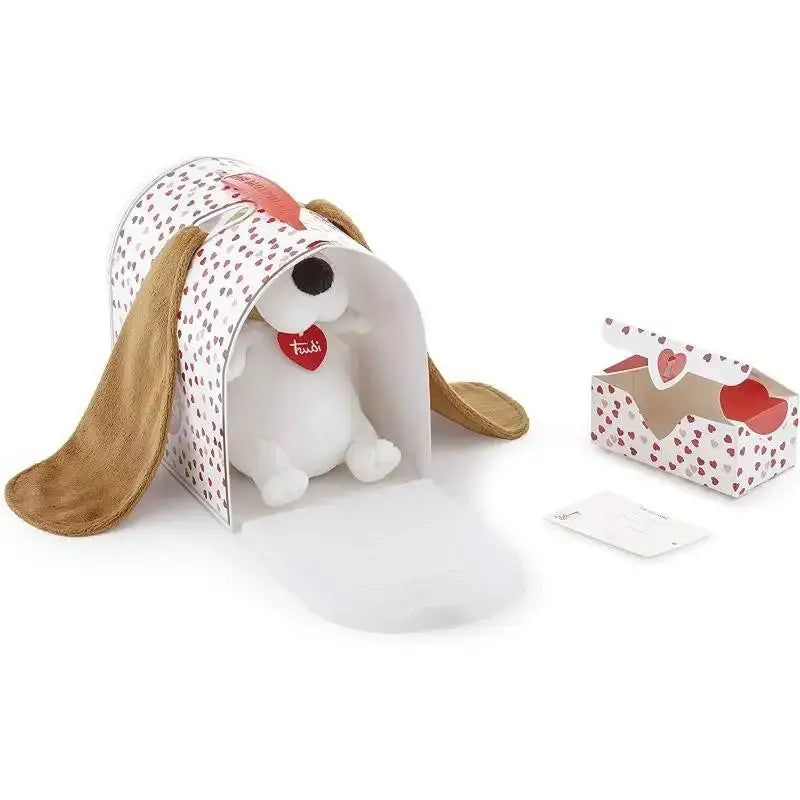 Trudi love box orecchiotti basset hound con cane di peluche bianco e orecchie beige dentro una cassetta postale decorata