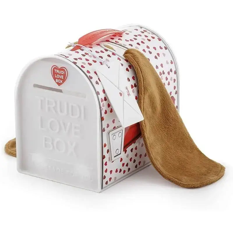 Trudi love box orecchiotti basset hound bianca con cuore rosso e orecchio di peluche marrone chiaro attaccato al lato