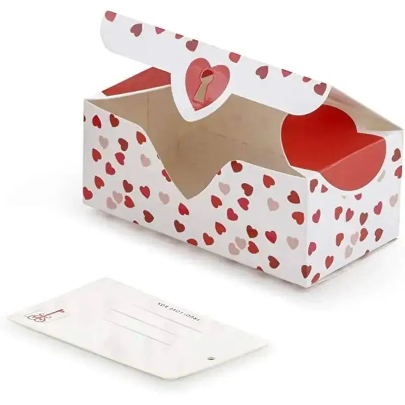 Scatola trudi love box in cartone bianco con cuori rossi e rosa e intaglio a forma di chiave per orecchiotti coniglio