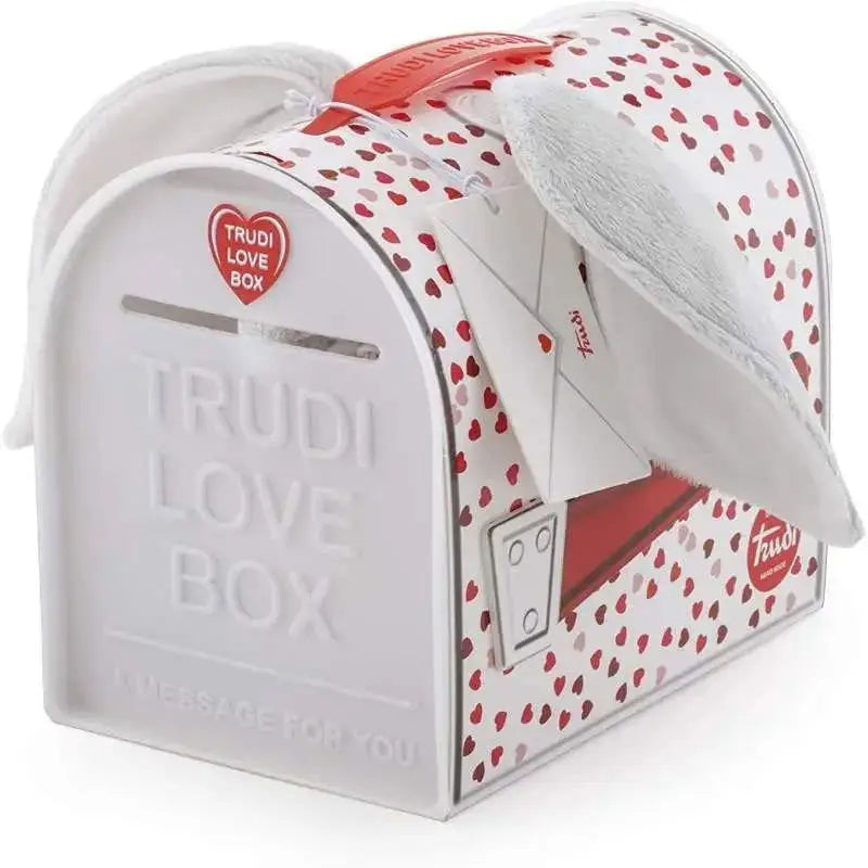 Scatola trudi love box orecchiotti bianca con cuori rossi e manico rosso in stile cassetta postale decorativa
