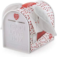 Scatola trudi love box orecchiotti bianca con cuori rossi e manico rosso in stile cassetta postale decorativa