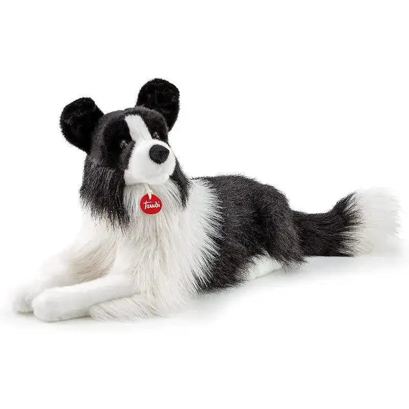Plush border collie scott toy with black and white fur and red tessuti collar tag by trudi peluche border collie scott