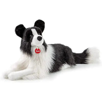 Plush border collie scott toy with black and white fur and red tessuti collar tag by trudi peluche border collie scott