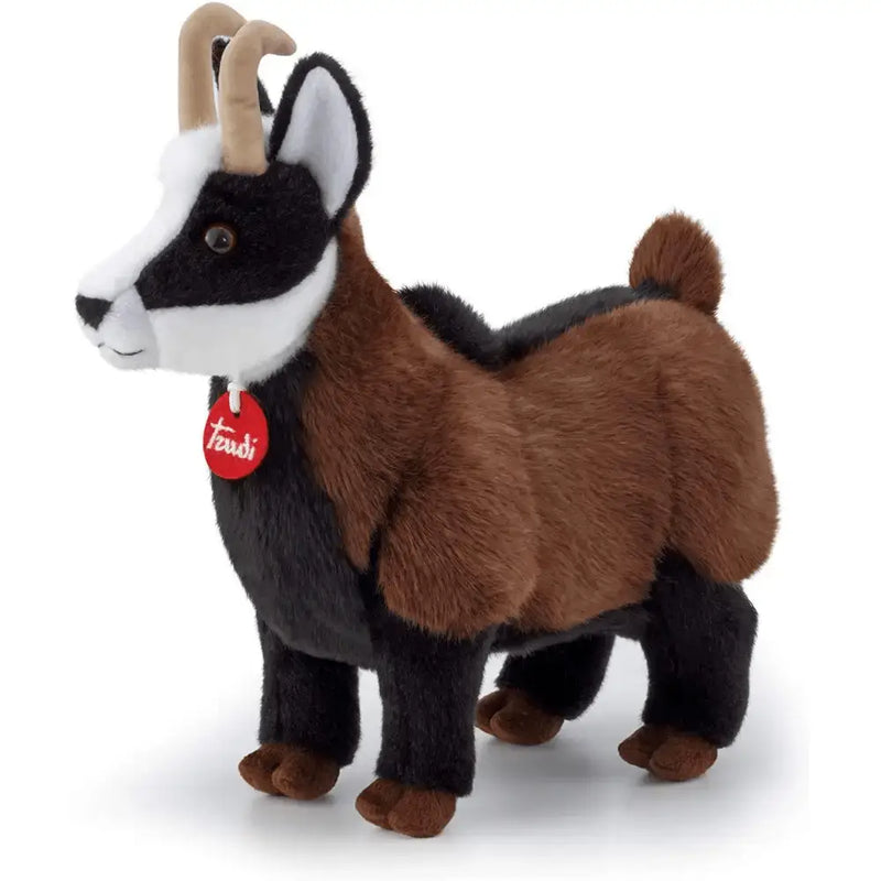 Trudi peluche camoscio con corpo nero e marrone, muso bianco, corna color beige e pelliccia morbida nella scatola regalo blu