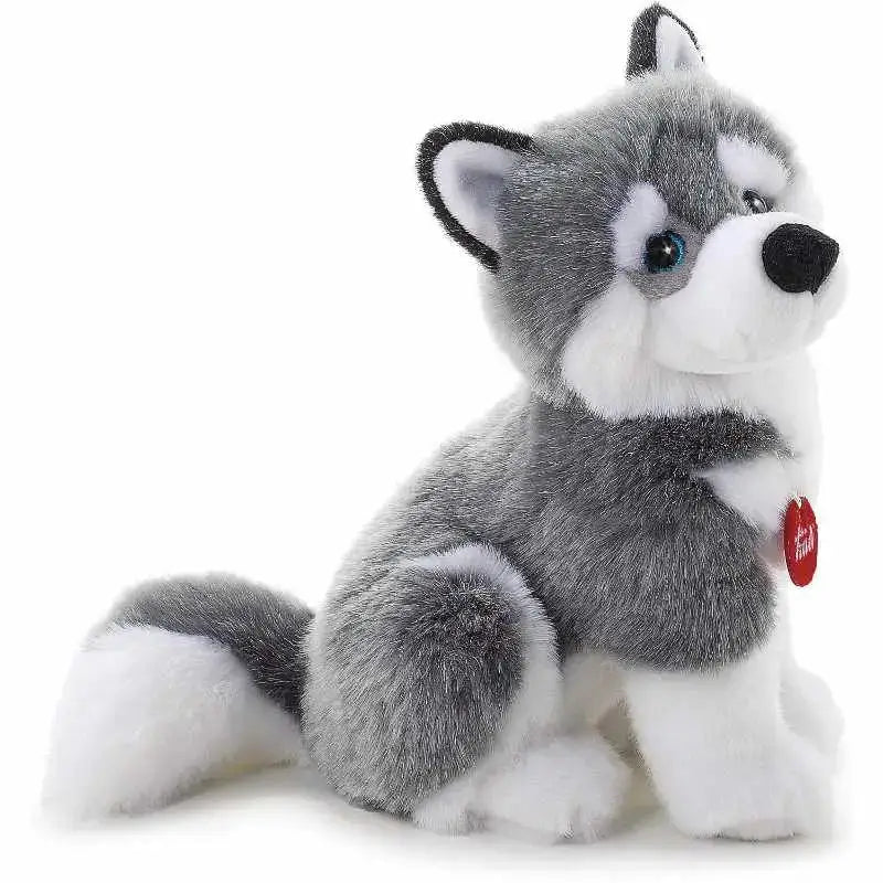 Pluche husky marcus trudi grigio e bianco con occhi azzurri e orecchie nere morbido e perfetto per bambini