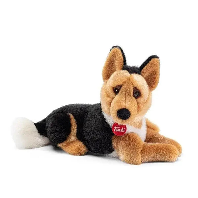 Peluche pastore tedesco rusty con pelo tan e nero, coda bianca e targhetta rossa a forma di cuore taudi