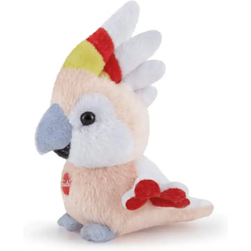 A plush cockatoo toy from trudi sweet collection with peach feathers red yellow crest and heart accents on wings