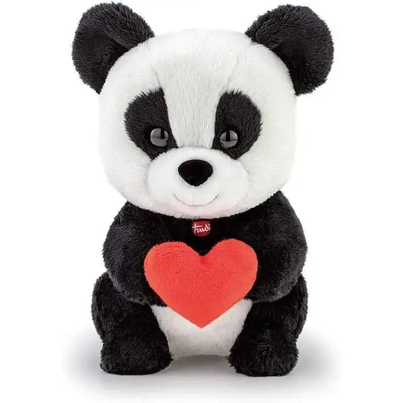 Un peluche trudino panda bianco e nero che tiene un cuscino rosso a forma di cuore love you