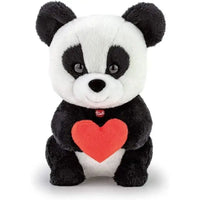 Un peluche trudino panda bianco e nero che tiene un cuscino rosso a forma di cuore love you
