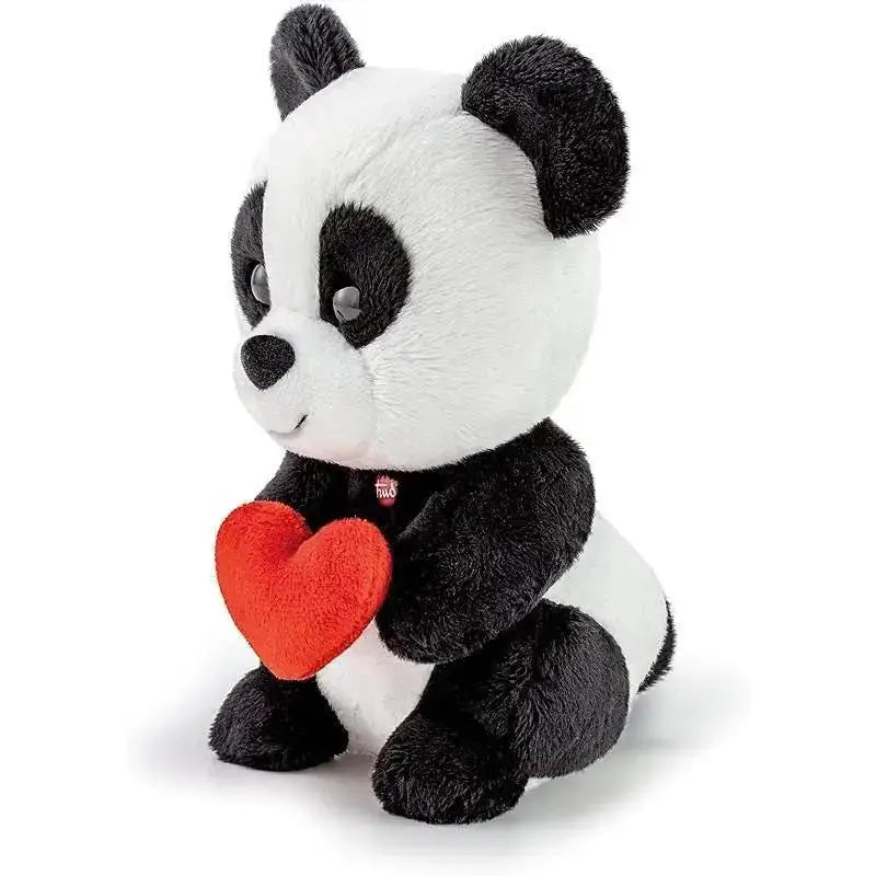 Morbidone peluche trudino panda nero e bianco che tiene un cuore rosso brillante con scritta love you
