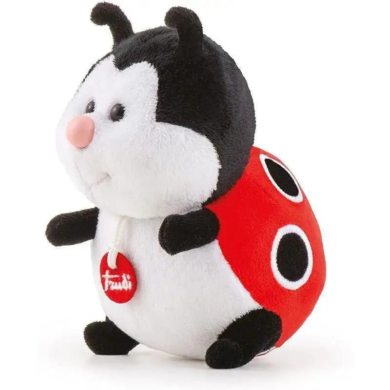 Trudino peluche coccinella nero e bianco con ali rosse a tre macchie nere e naso rosa in morbido tessuto peluche