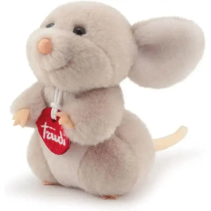 A soft light gray plush mouse with black eyes and a peach nose wearing a red heart tag labeled faudi from trudi trudino topo