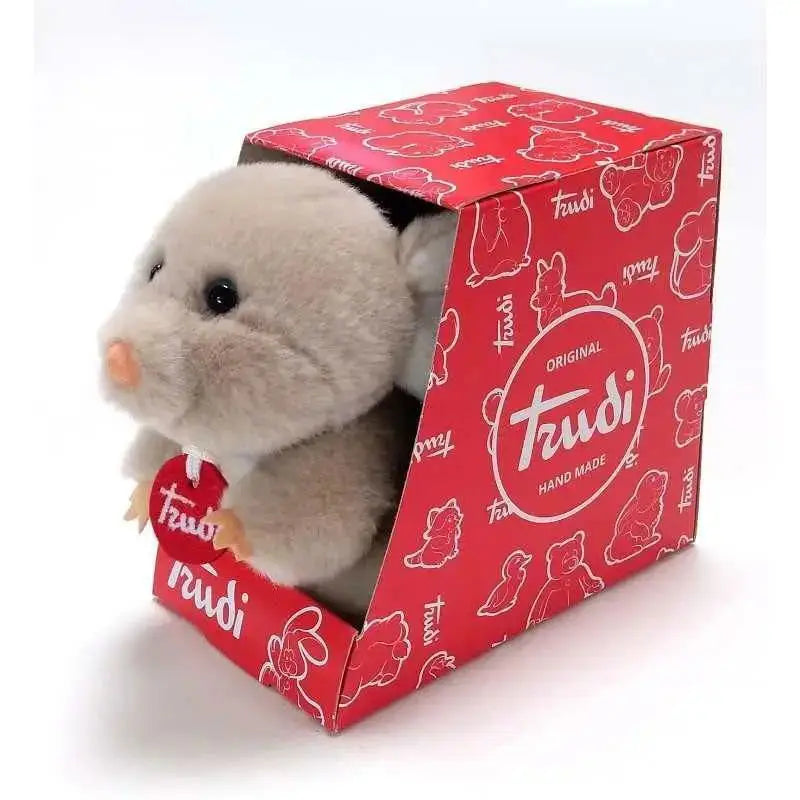 A soft light gray plush mouse with black eyes and pink nose inside a red trudi trudino topo box