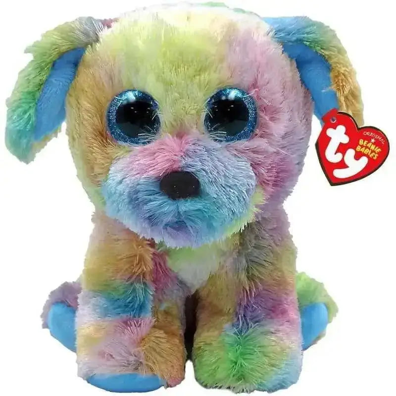 A plush rainbow-colored ty beanie babies max cane dog with big blue glittery eyes and soft pastel fur