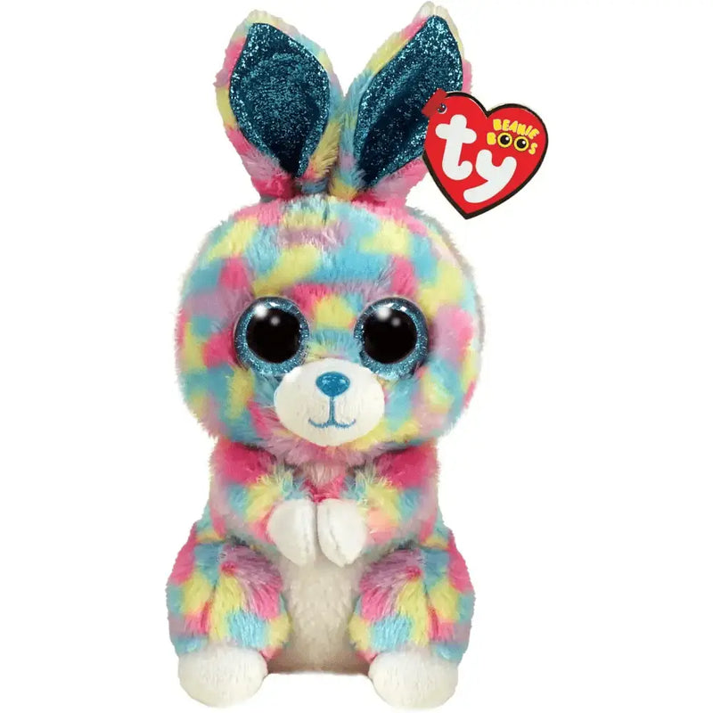 Colorato peluche beanie boos coniglietto hops con pelo tie-dye arcobaleno e orecchie glitterate blu