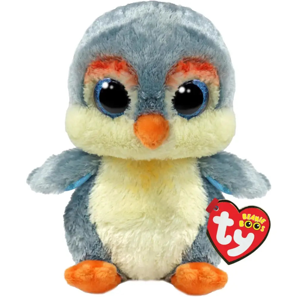 Soft peluche pinguino beanie boos azzurri glitterati con pelliccia crema e grigia occhi grandi luminosi famiglia ty beanie