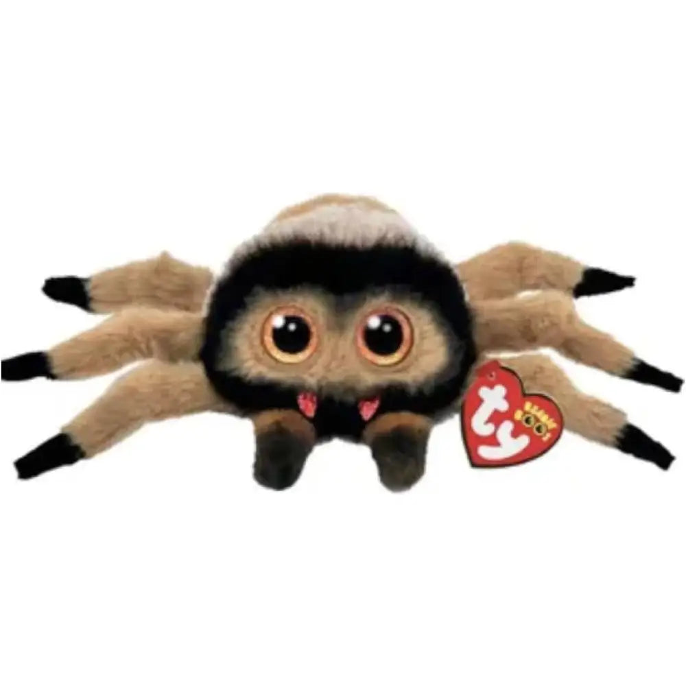 Plush spider toy with tan and black fur, large eyes, pink fangs, and ty heart tag on back from beanie boos godfrey