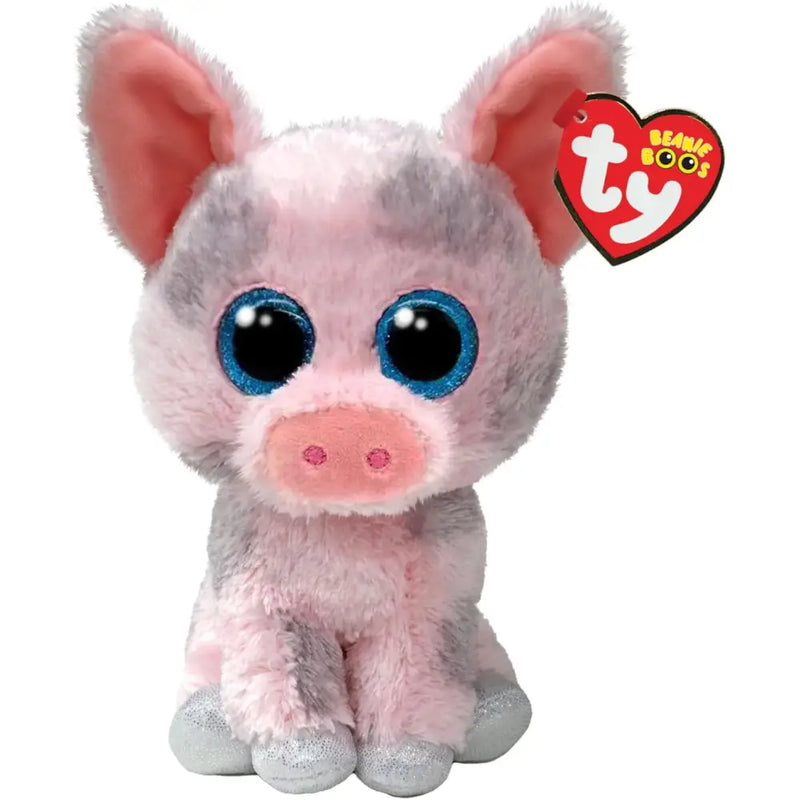 Ty beanie boos hambo il maialino peluche rosa e grigio con grandi occhi azzurri e piedi glitter argento