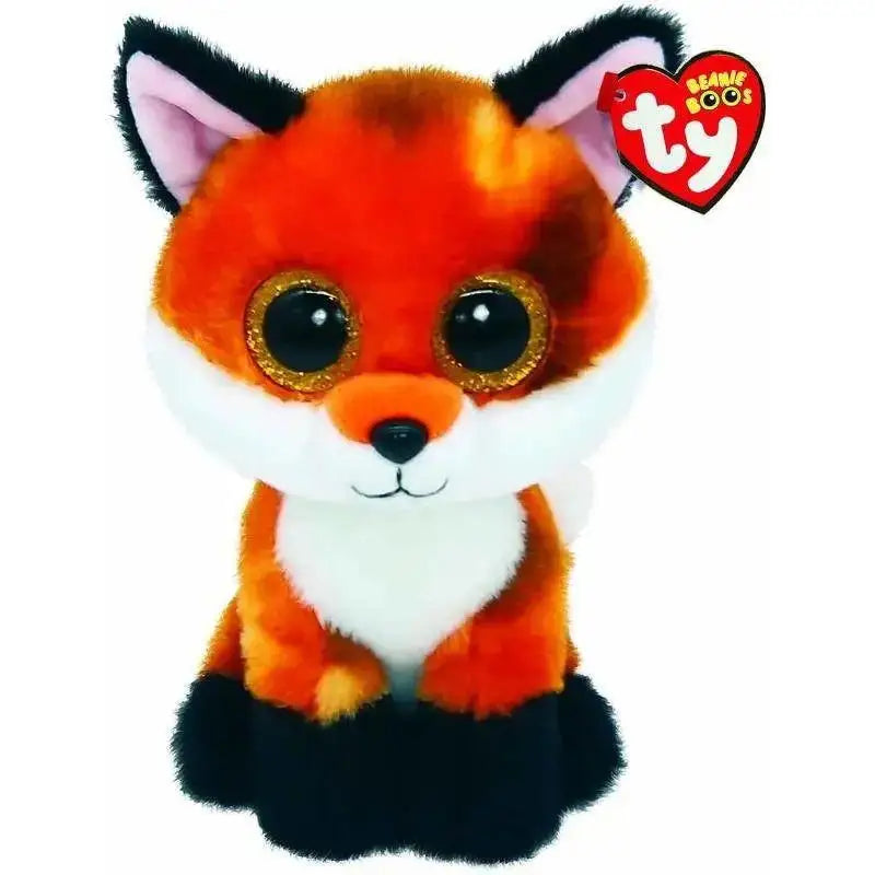 A plush orange and white beanie boos meadow volpe fox with black-tipped ears and glittery gold-rimmed eyes