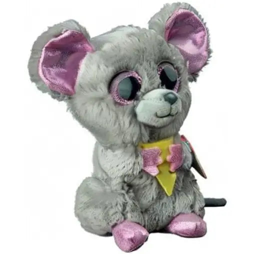 Ty beanie boos squeaker il topolino è un topo peluche grigio con orecchie e zampe rosa e fiocco giallo con fiocchi rosa