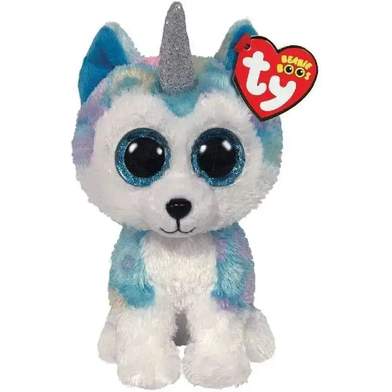 A plush husky helena peluche with soft white and blue fur glittery silver horn and sparkling teal eyes from beanie boos
