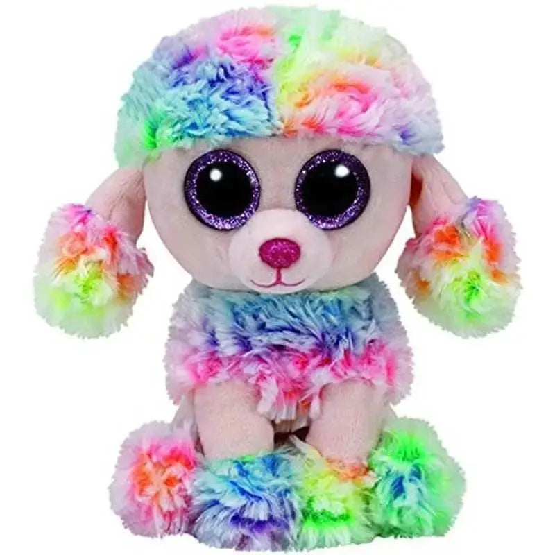 Ty peluche cagnolino rainbow beanie boo’s con occhi viola glitterati e naso rosa in morbido tessuto peluche