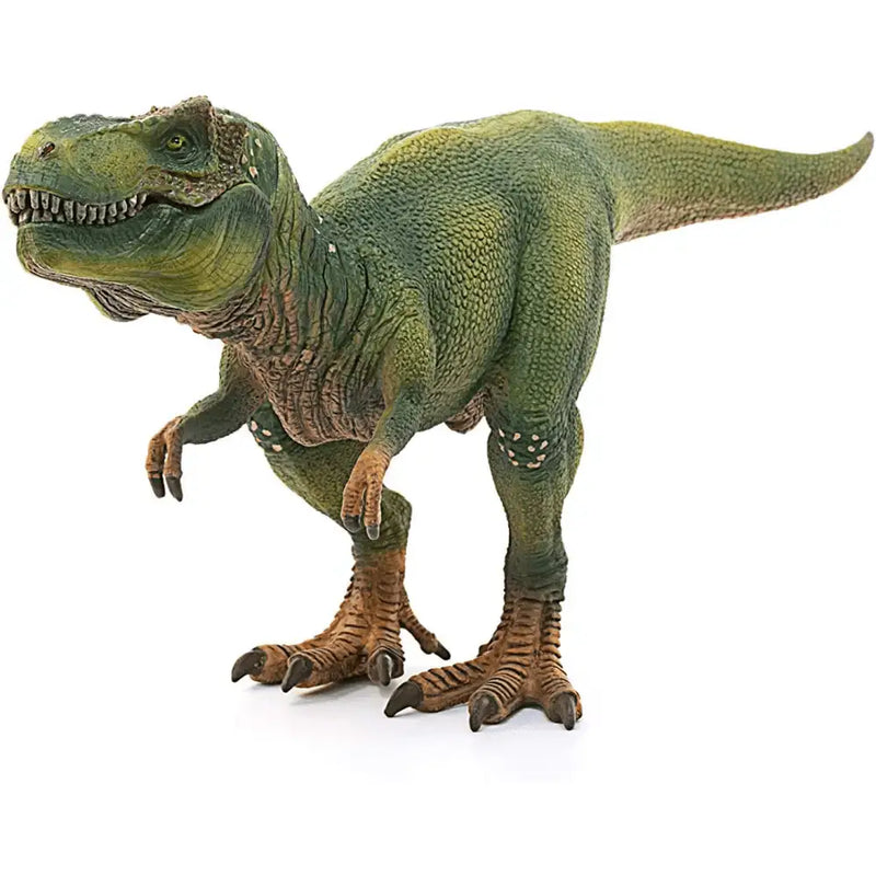 Figura di plastica verde e marrone tyrannosaurus rex schleich con texture dettagliata per collezionisti