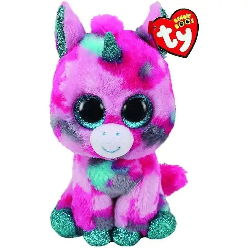 Unicorno peluche ty gumball beanie boos con colori rosa e teal glitterato occhi grandi verdi e muso bianco