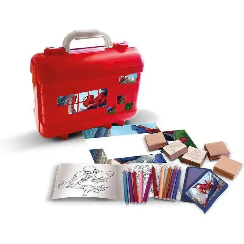 Valigetta spider-man rossa in plastica con manico bianco e decorazioni a finestra per set 5 timbri e matite colorate