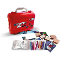 Valigetta spider-man rossa in plastica con manico bianco e decorazioni a finestra per set 5 timbri e matite colorate