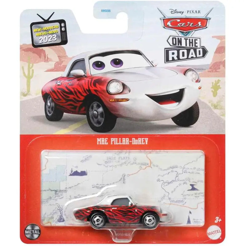 Veicolo cars mae pillar-durey è una macchinina in metallo con fiamme rosse e bianche e design cabriolet con occhi viola