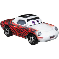 Veicolo cars 3 mae pillar-durey toy car with red and black zebra stripes, purple eyes, white body, and silver rims