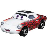 Veicolo Cars 3 mae pillar-durey toy car bianca e rossa a strisce zebra con occhi viola e cerchi argentati