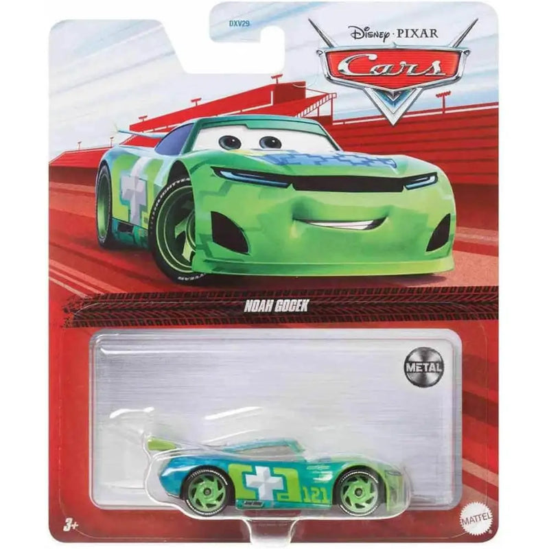 Veicolo cars noah gocek toy race car in green and teal metallic with white cross emblem on cars disney packaging