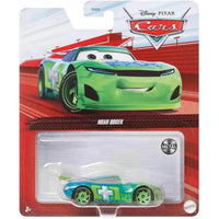 Veicolo cars noah gocek toy race car in green and teal metallic with white cross emblem on cars disney packaging