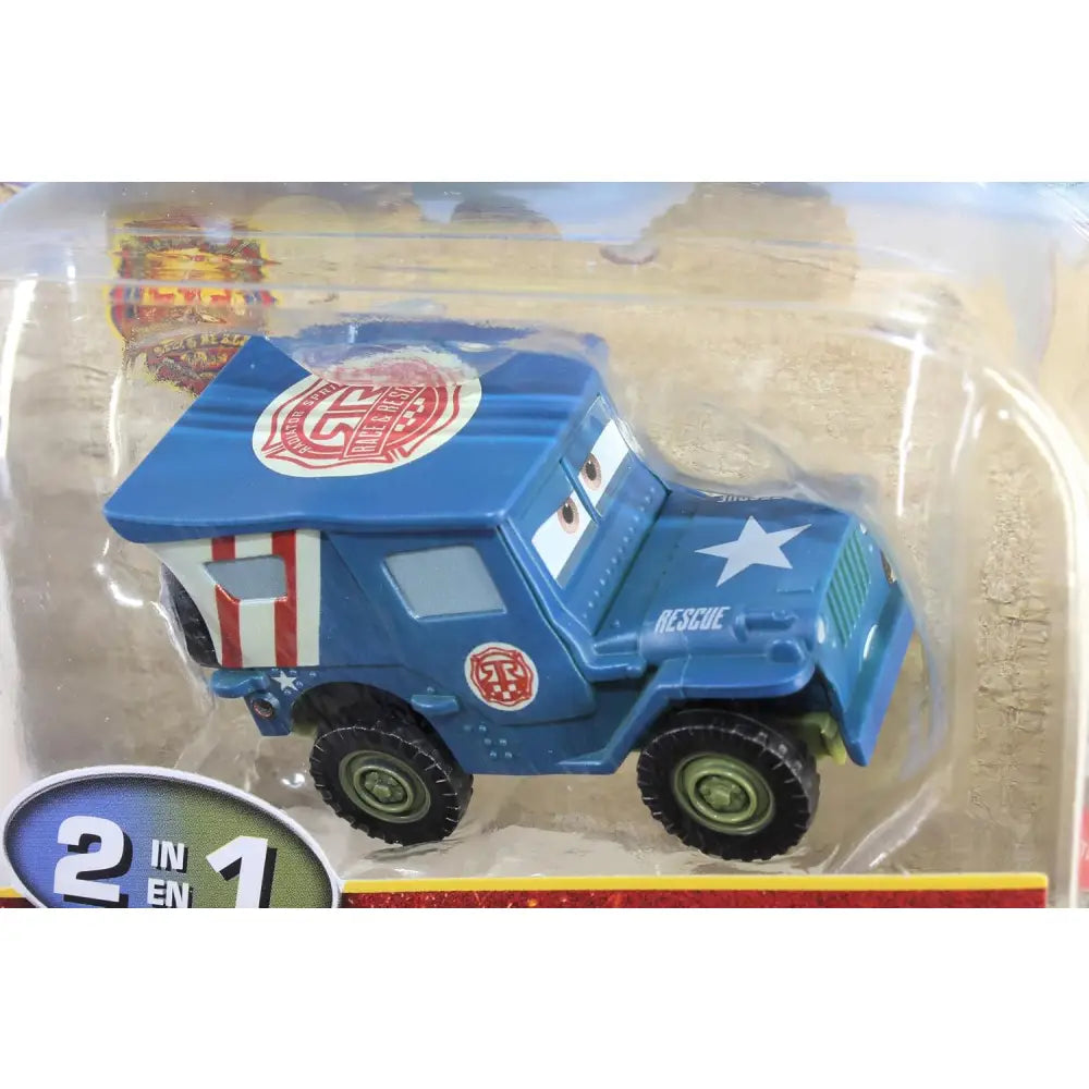Veicolo cars sergente jeep giocattolo blu in plastica con strisce rosse bianche stella e scritta rescue