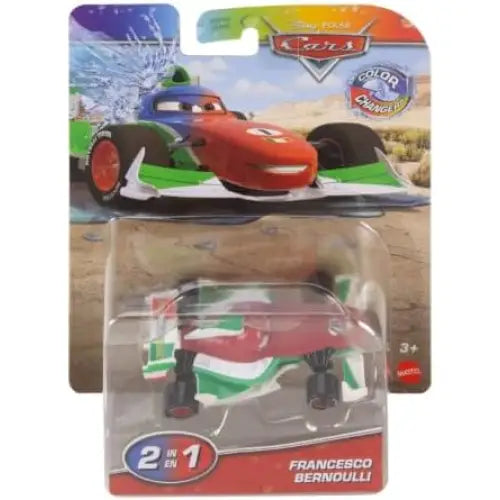 Veicolo casa francesco bernulli cambia colore auto da corsa rossa e verde con dettagli bianchi e logo disney pixar cars in blister