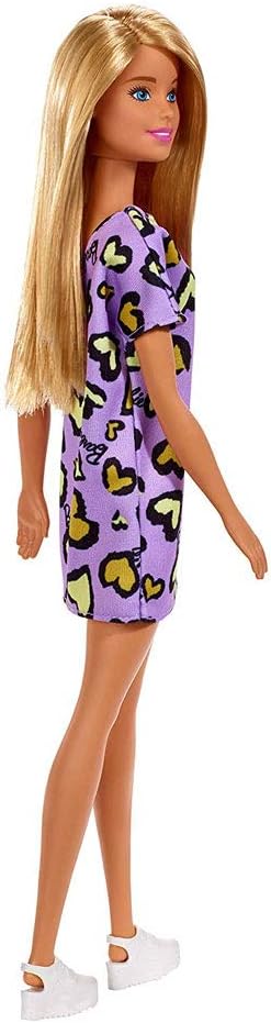 Barbie Bambola Bionda con Abito Viola e Cuoricini Gialli