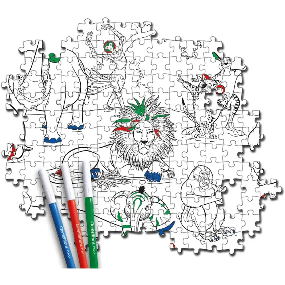 Parte di un puzzle zafari supercolor da 104 pezzi con illustrazioni safari di animali in contorni neri su cartone bianco