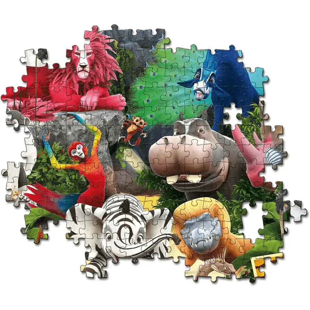 Puzzle zafari supercolor da 104 pezzi con animali animati colorati dal film madagascar tra cui leone rosso ippopotamo blu e zebra a strisce