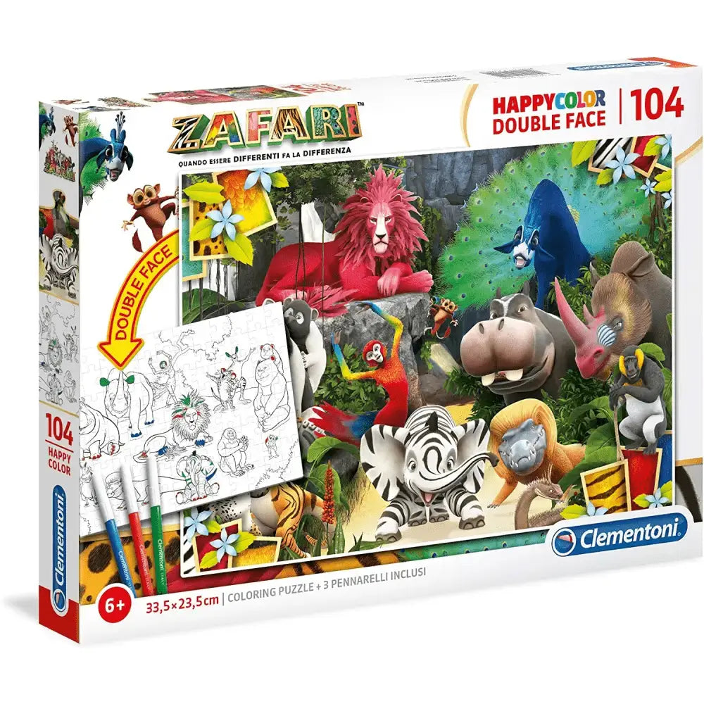 Zafari supercolor puzzle 104 pezzi con animali della giungla colorati e pennarelli inclusi in scatola doppia faccia